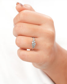 Lab grown diamond cluster ring worn on hand in white metal