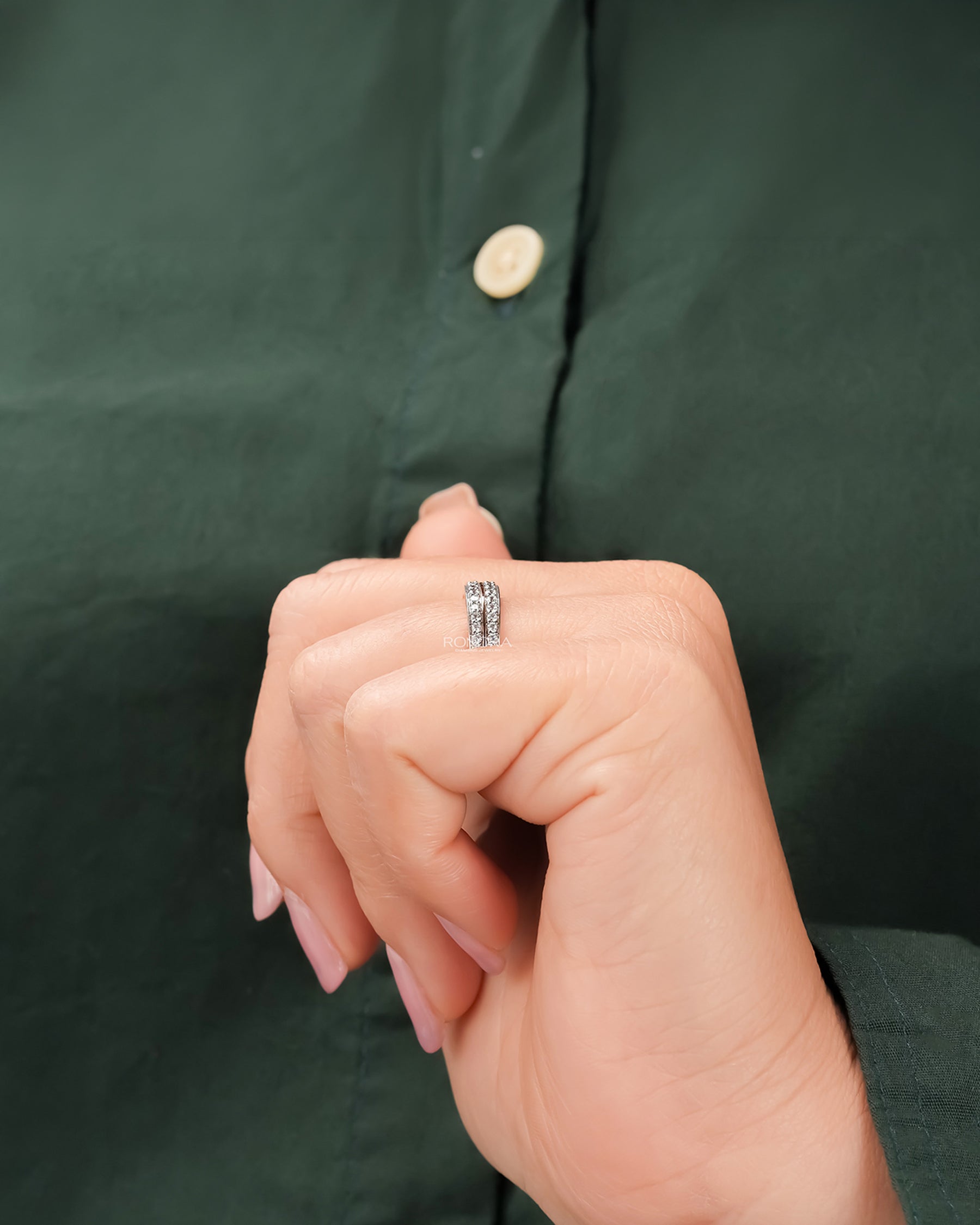 Double-row lab grown diamond pavé band worn with white silk