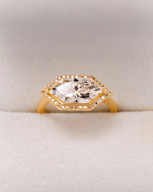 Marcelline marquise lab grown diamond halo ring in yellow gold front view