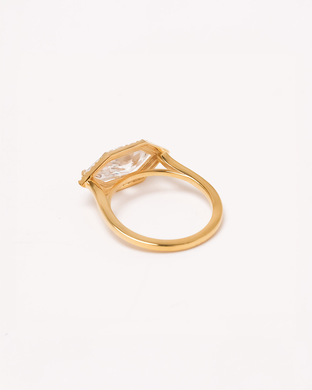 Back view of yellow gold marquise lab grown diamond halo ring showing gallery