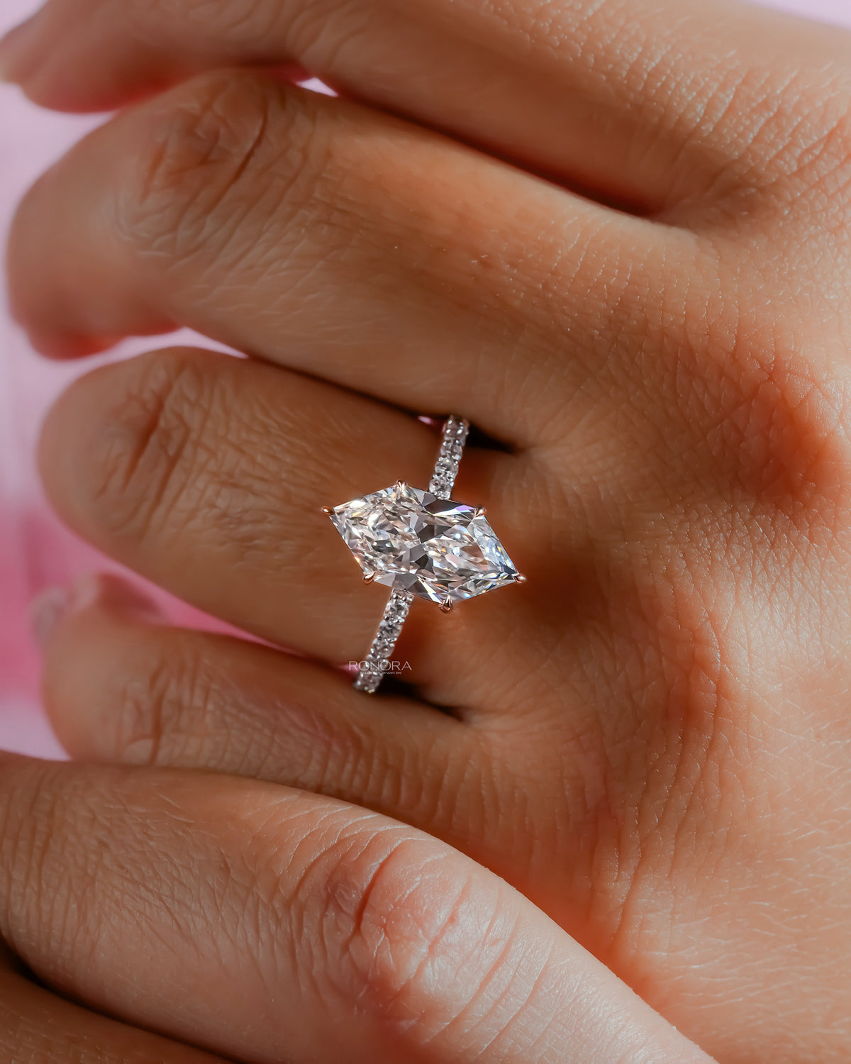 Back view of marquise lab grown diamond solitaire ring showing band detail