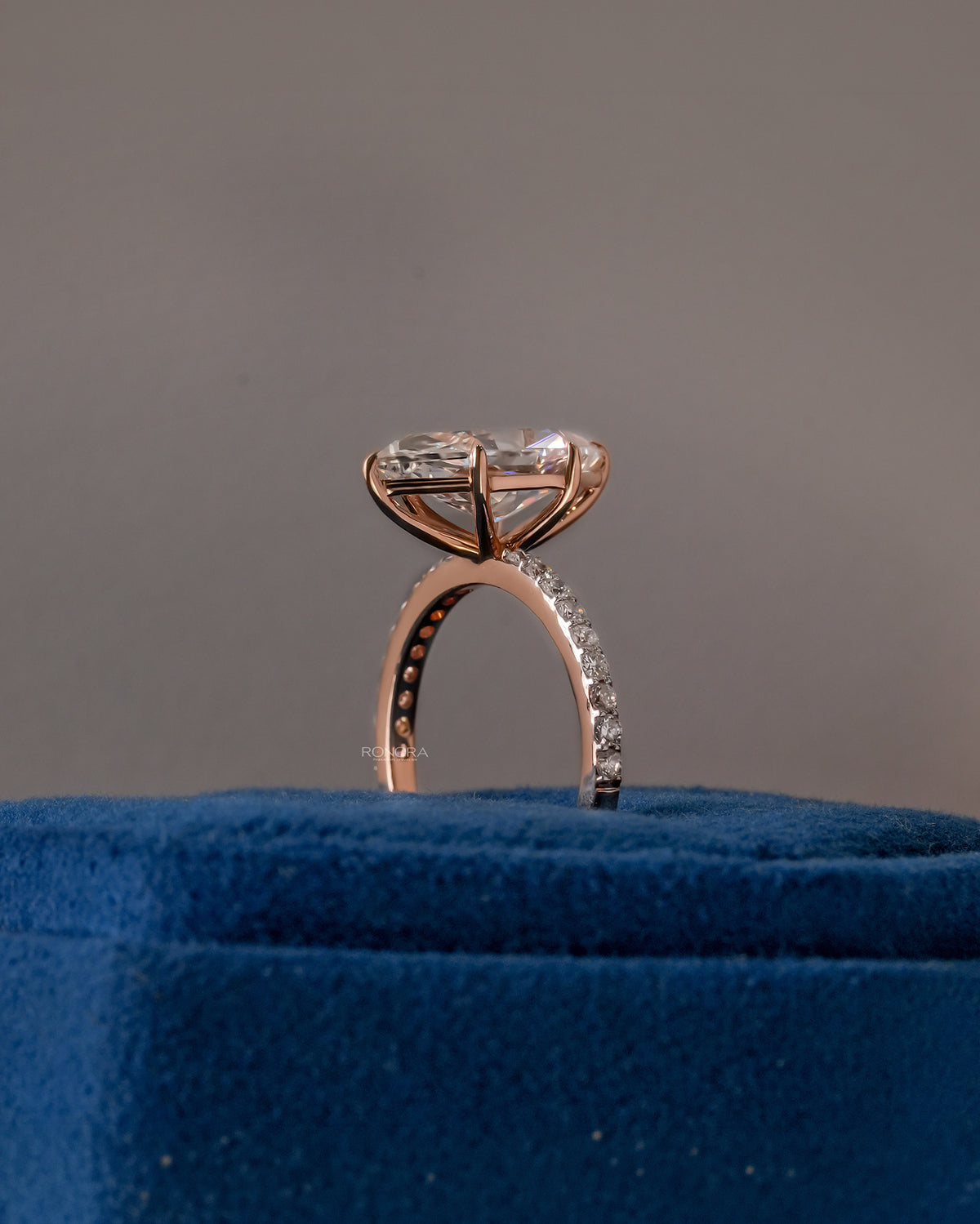 Side profile of marquise lab grown diamond solitaire ring showing ring setting