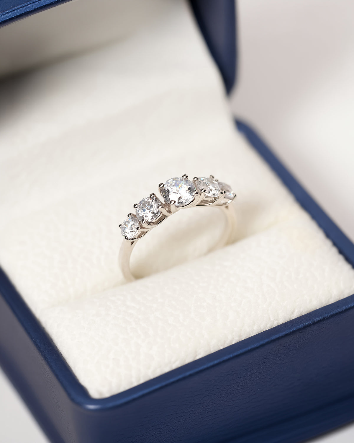Graduated five-stone lab grown diamond ring in Ronora box