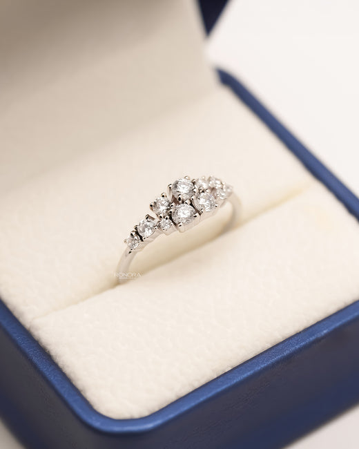 Flora floral lab grown diamond cluster ring in white metal inside Ronora box