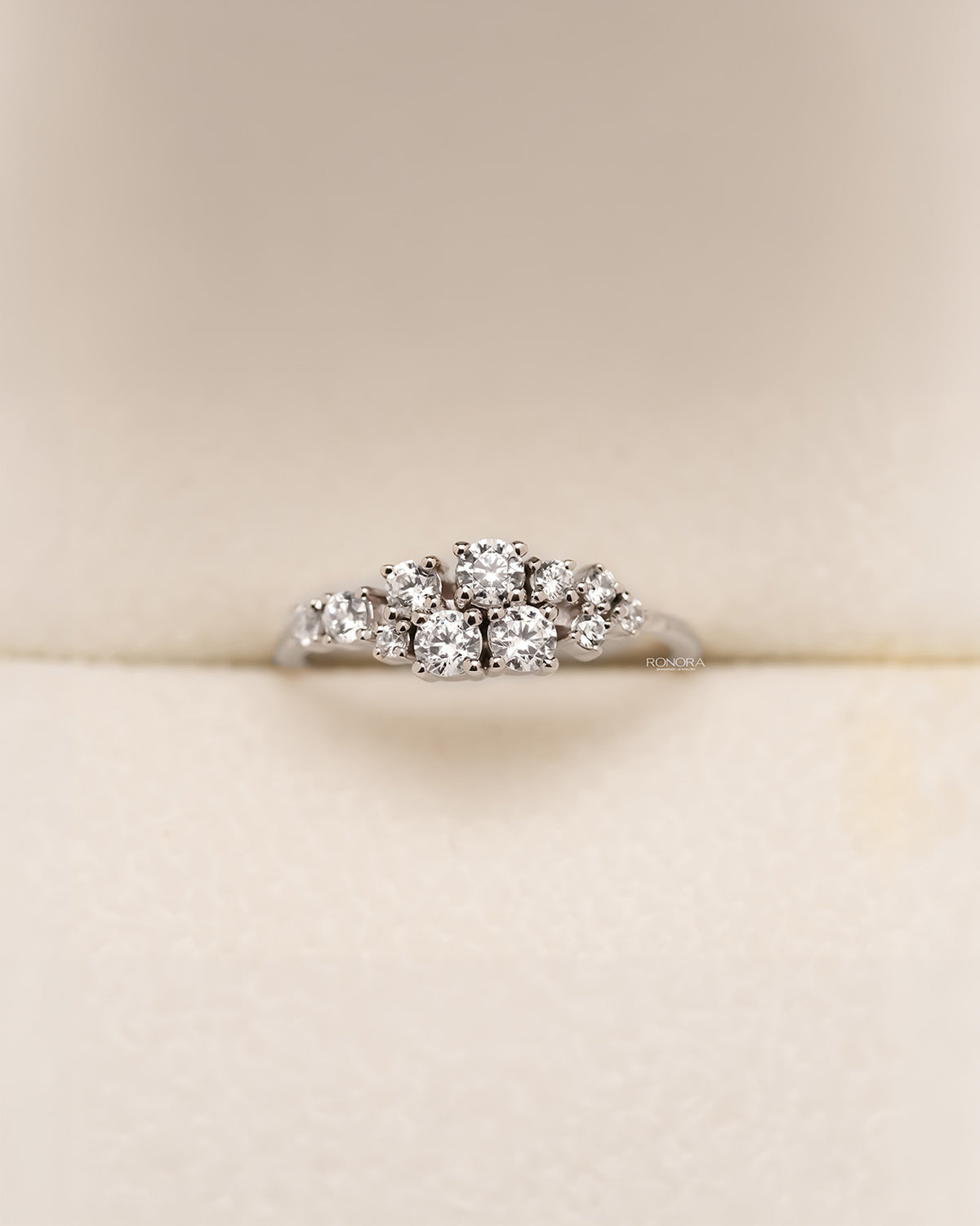 White metal floral cluster ring with round lab grown diamonds in Ronora box