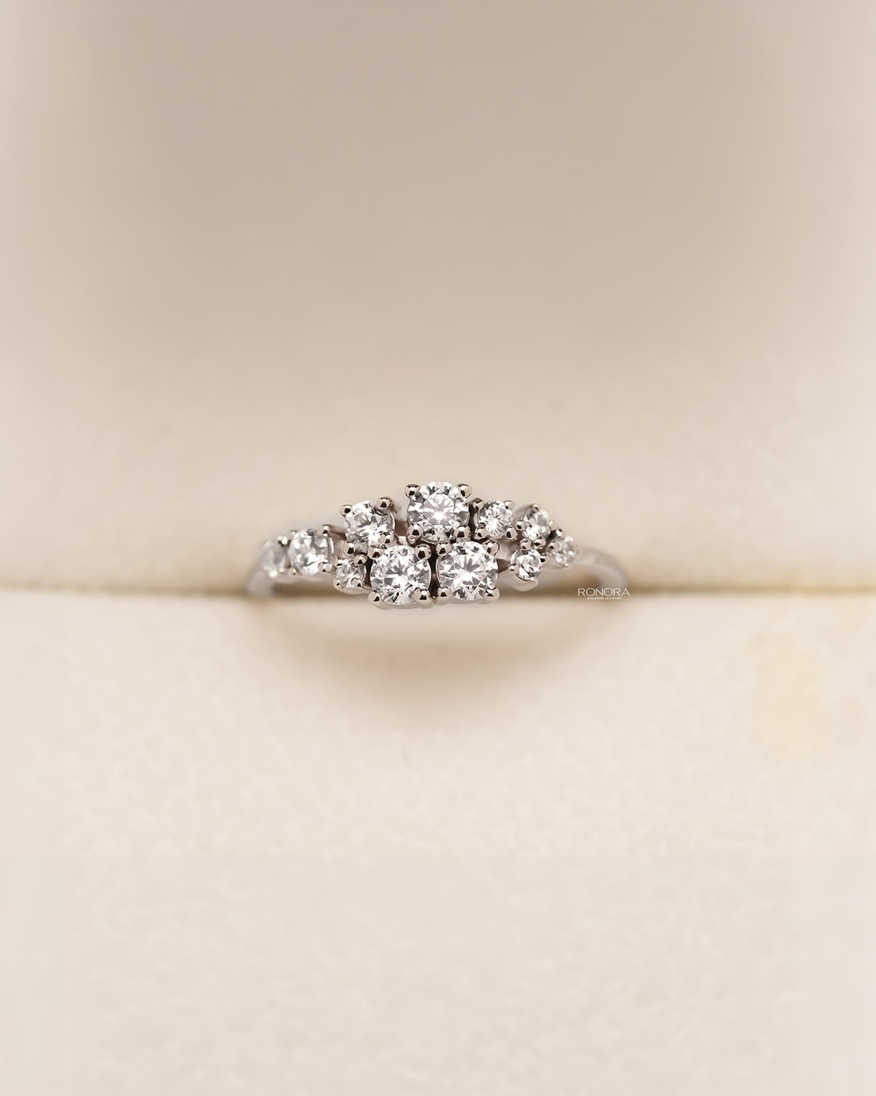 White metal floral cluster ring with round lab grown diamonds in Ronora box