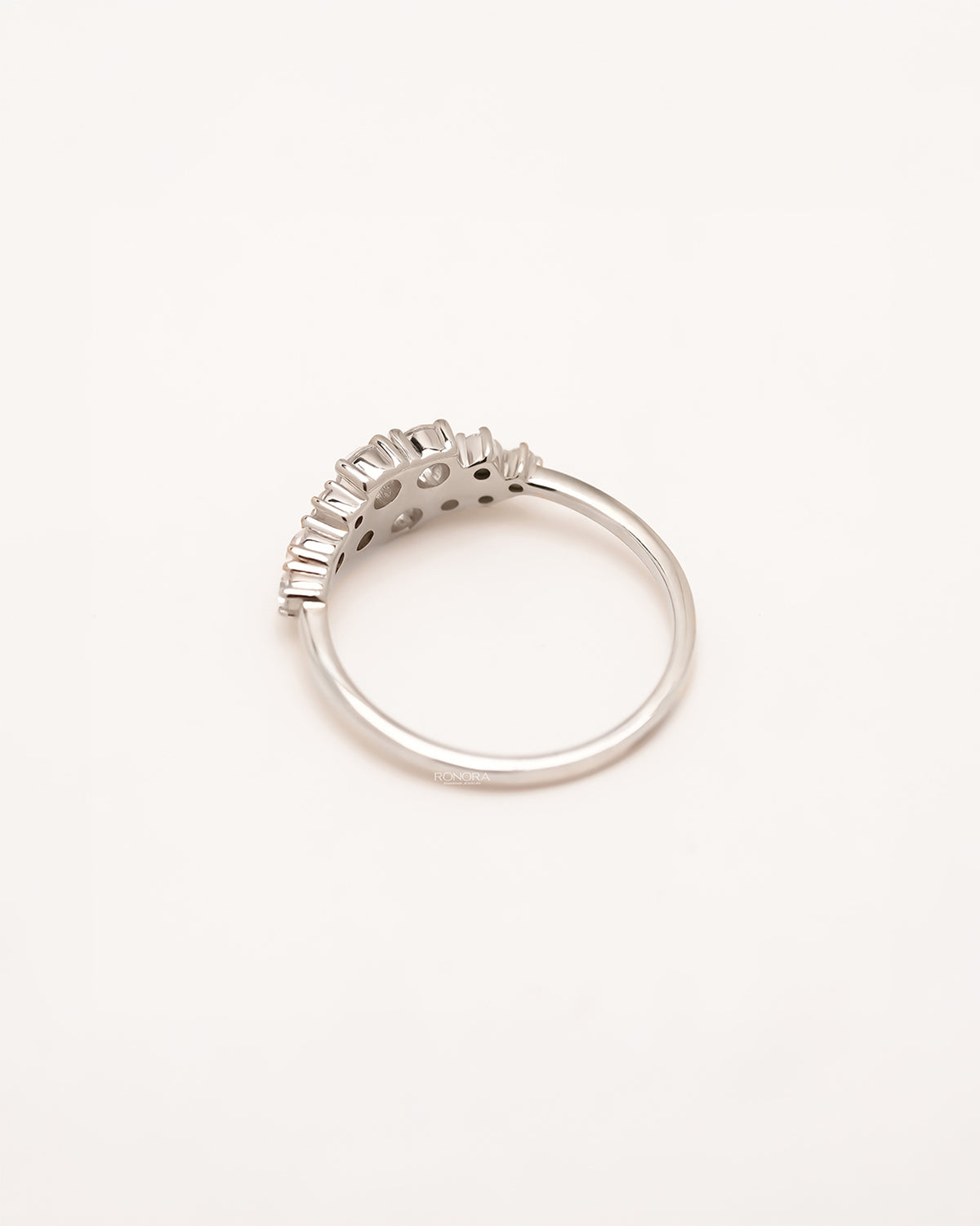 Back view of floral lab grown diamond cluster ring showing slim shank