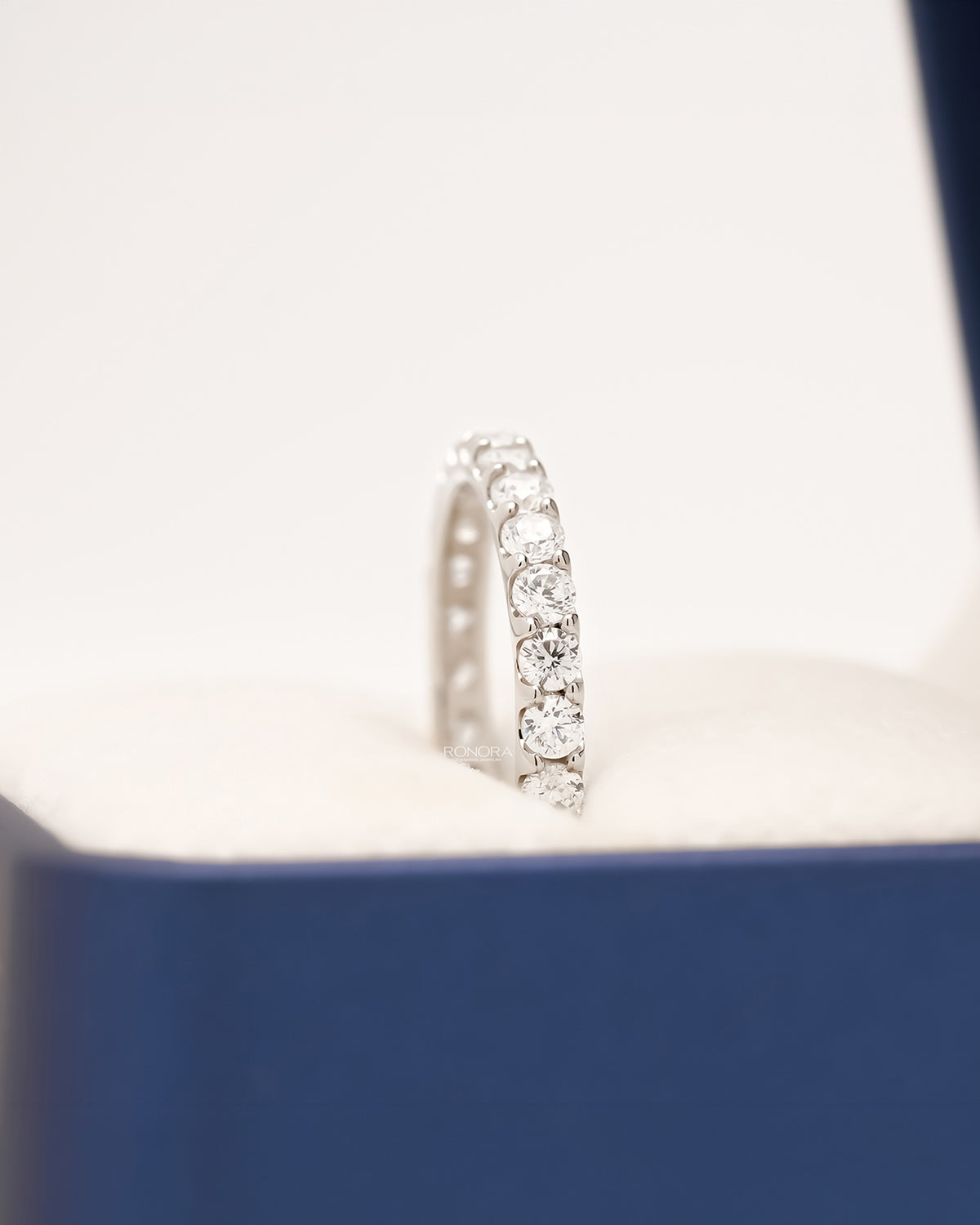 Side profile of round lab grown diamond eternity band showing shared-prong eternity setting