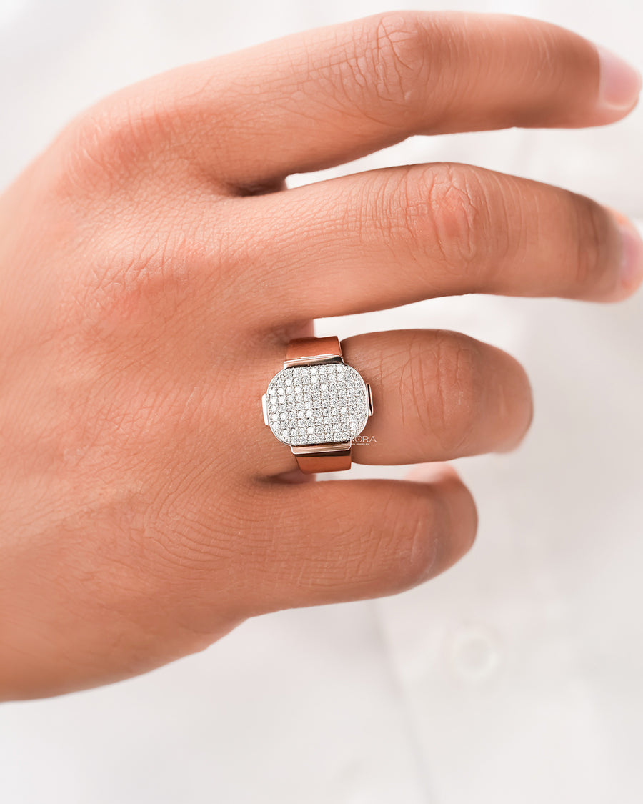 Square lab grown diamond pavé signet ring worn on hand in rose gold