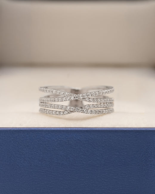 Seraphine four-band lab grown diamond pavé crossover ring in white metal