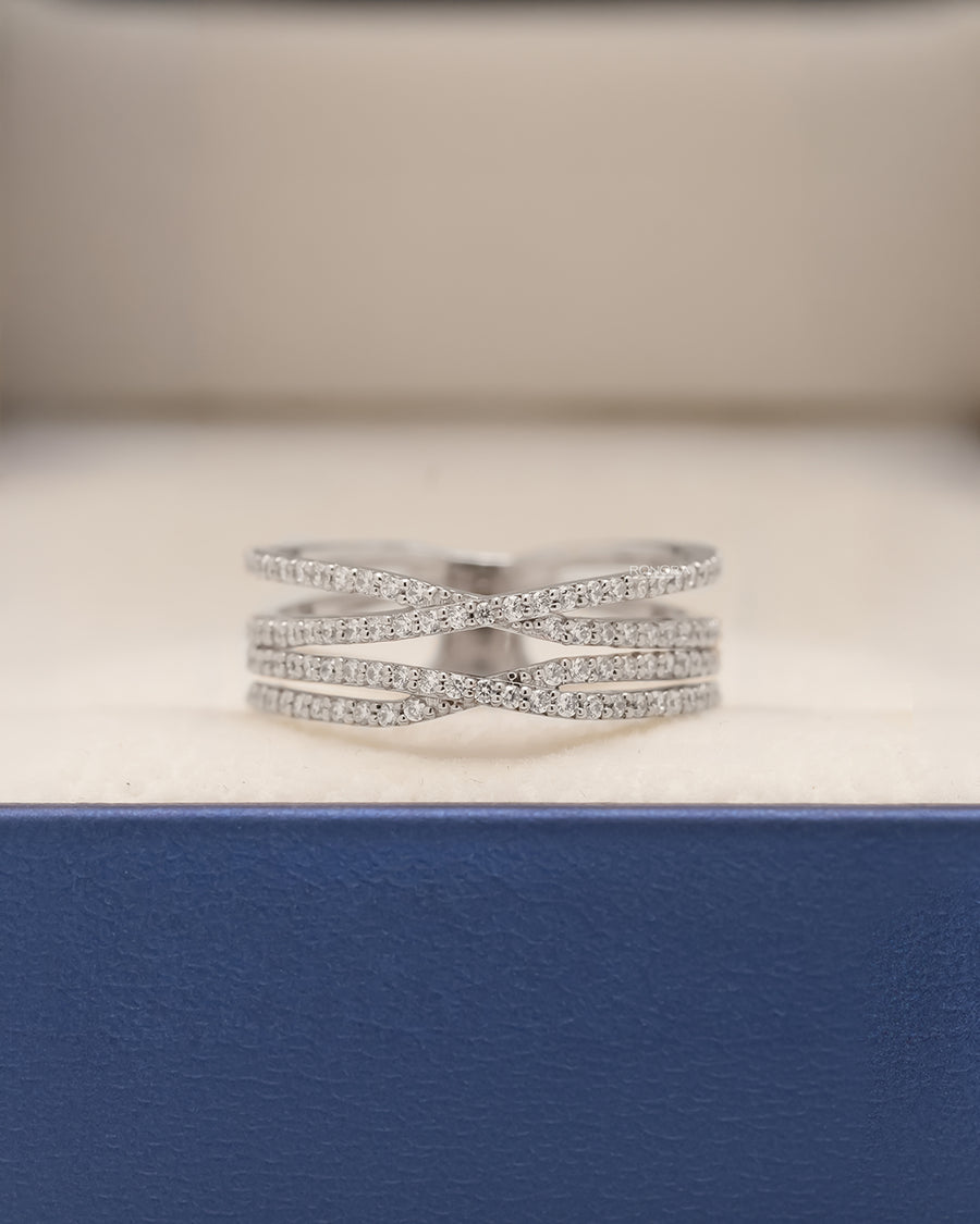 Seraphine four-band lab grown diamond pavé crossover ring in white metal