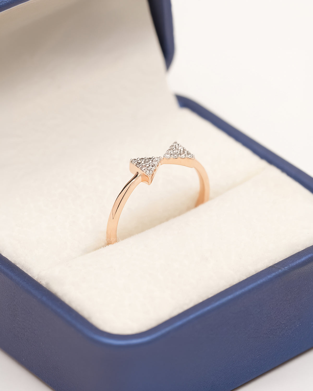 Arielle pavé bow lab grown diamond ring in rose gold inside Ronora box