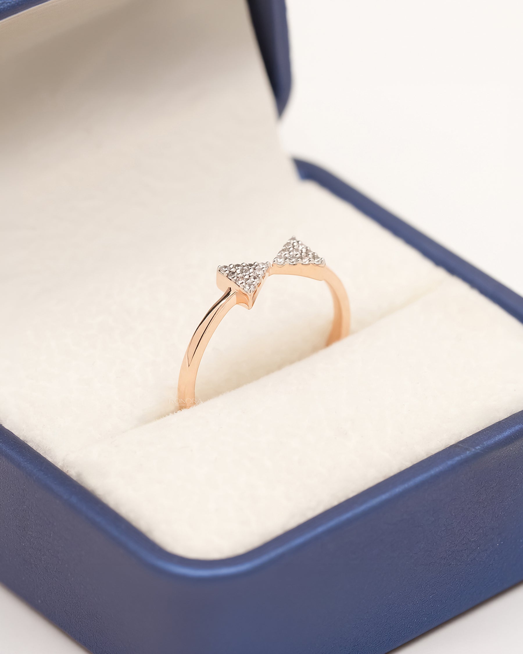 Arielle pavé bow lab grown diamond ring in rose gold inside Ronora box