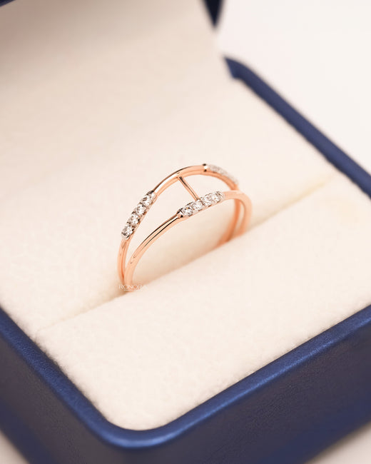 Nerissa open lab grown diamond bypass ring in rose gold inside Ronora box