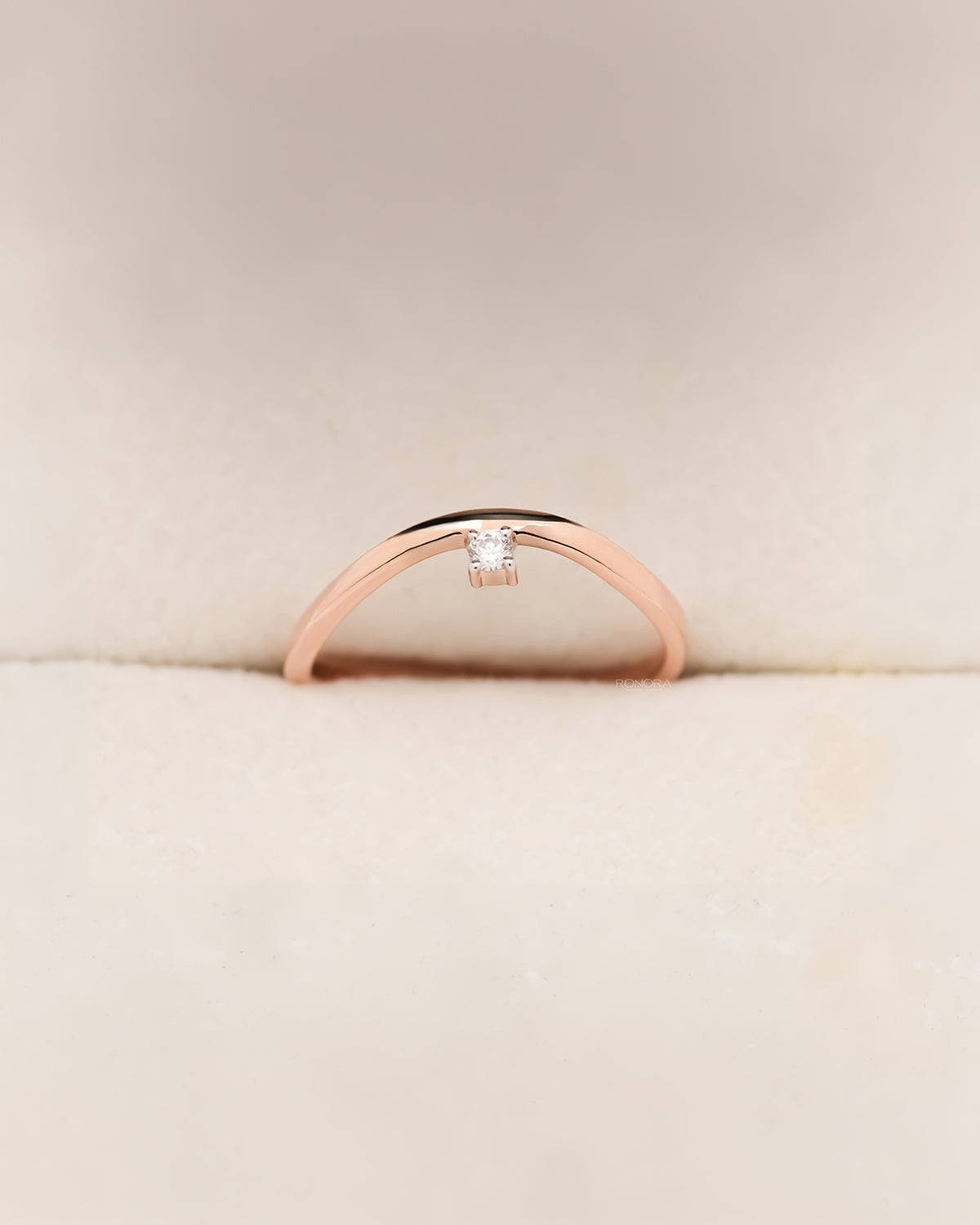 Side profile of rose gold minimal solitaire ring showing round diamond setting