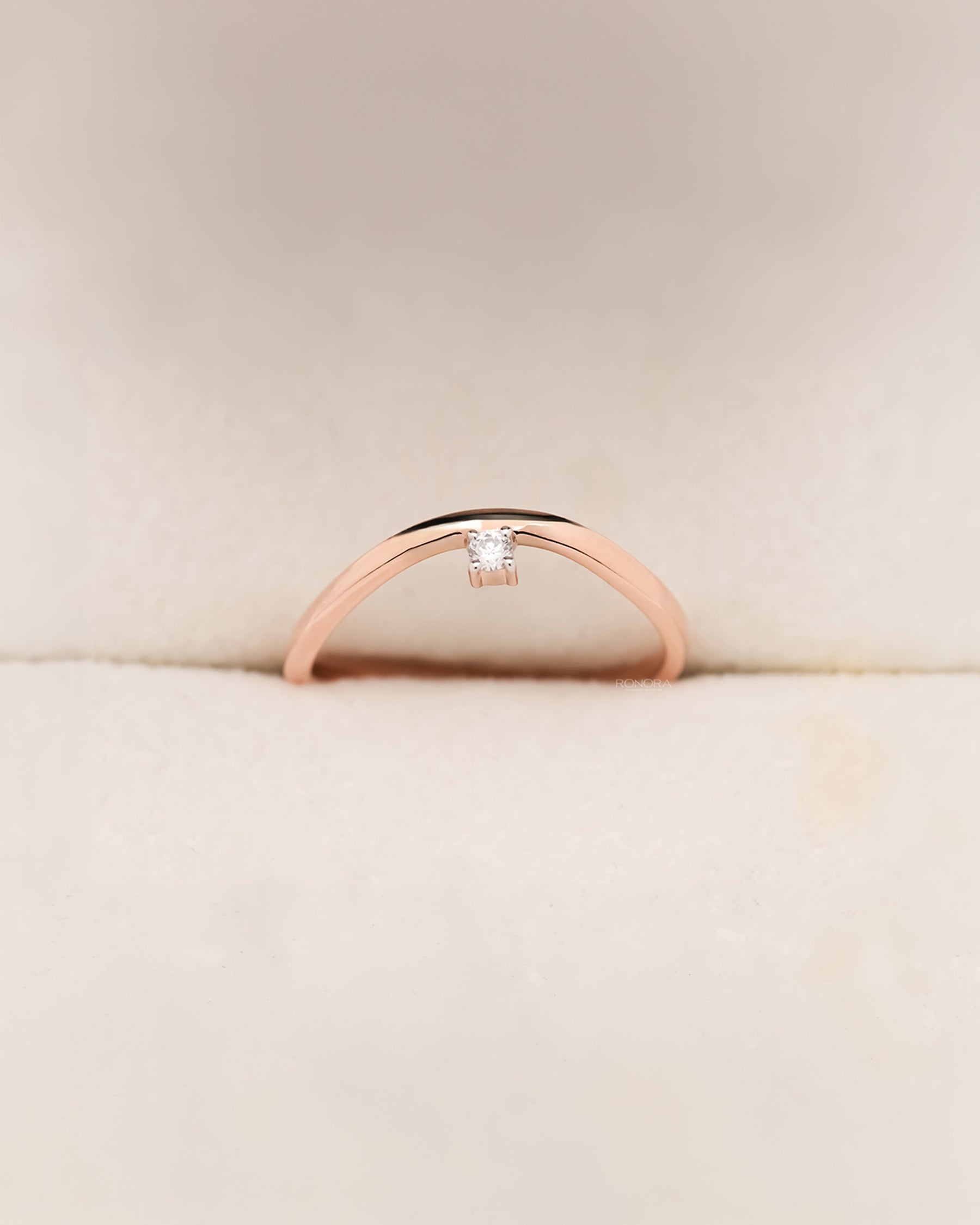 Side profile of rose gold minimal solitaire ring showing round diamond setting