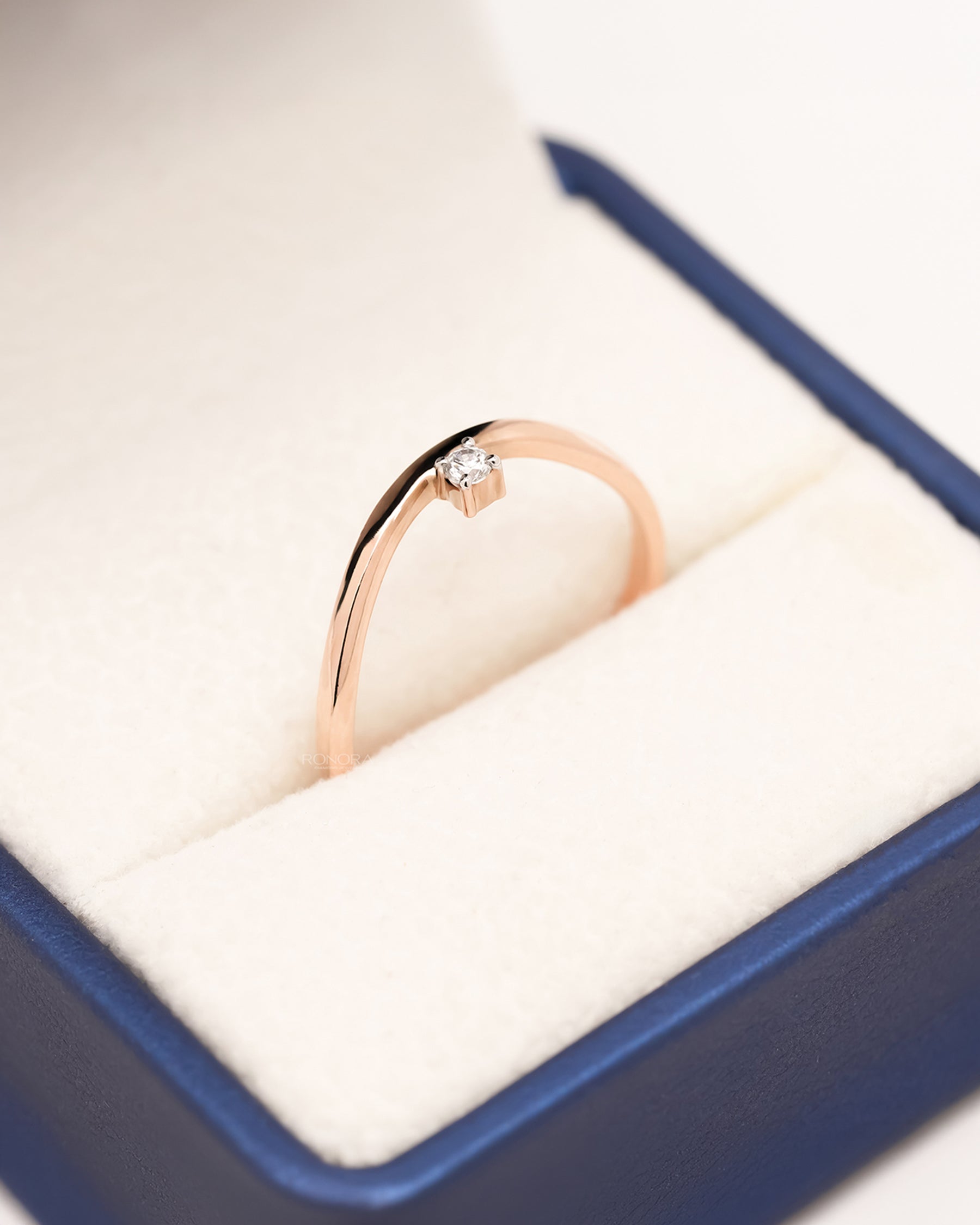 Amara minimal round lab grown diamond solitaire ring in rose gold inside Ronora box