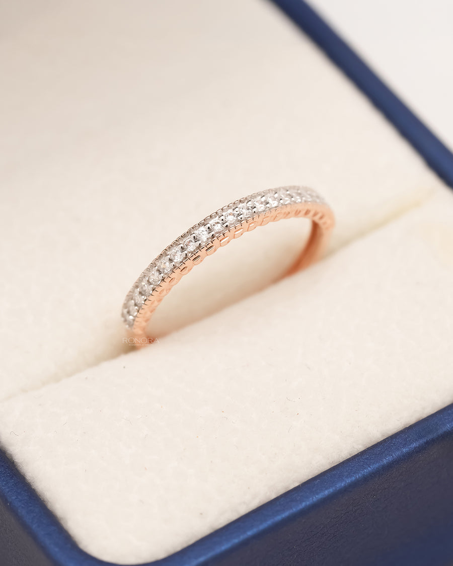 Elyra double-row lab grown diamond pavé band in rose gold inside Ronora box