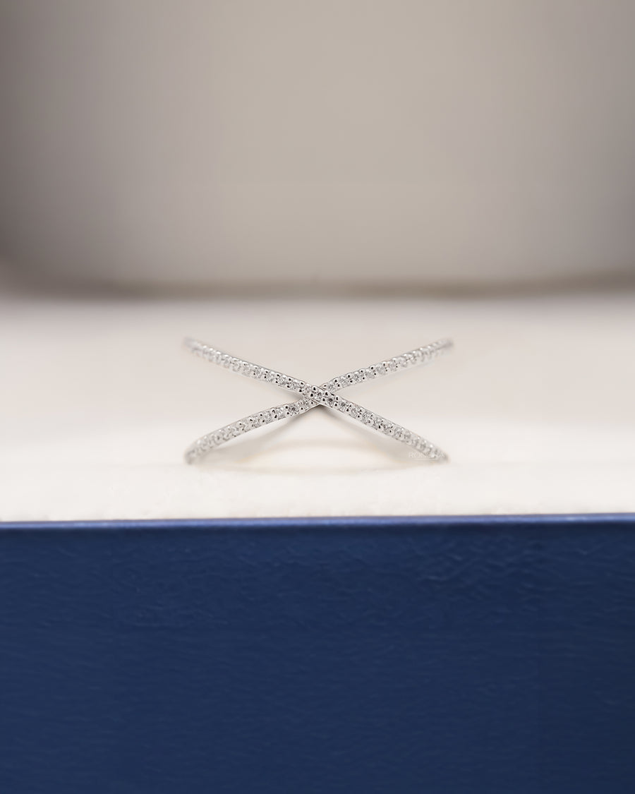 Aurelia white lab grown diamond pavé crossover ring inside Ronora box