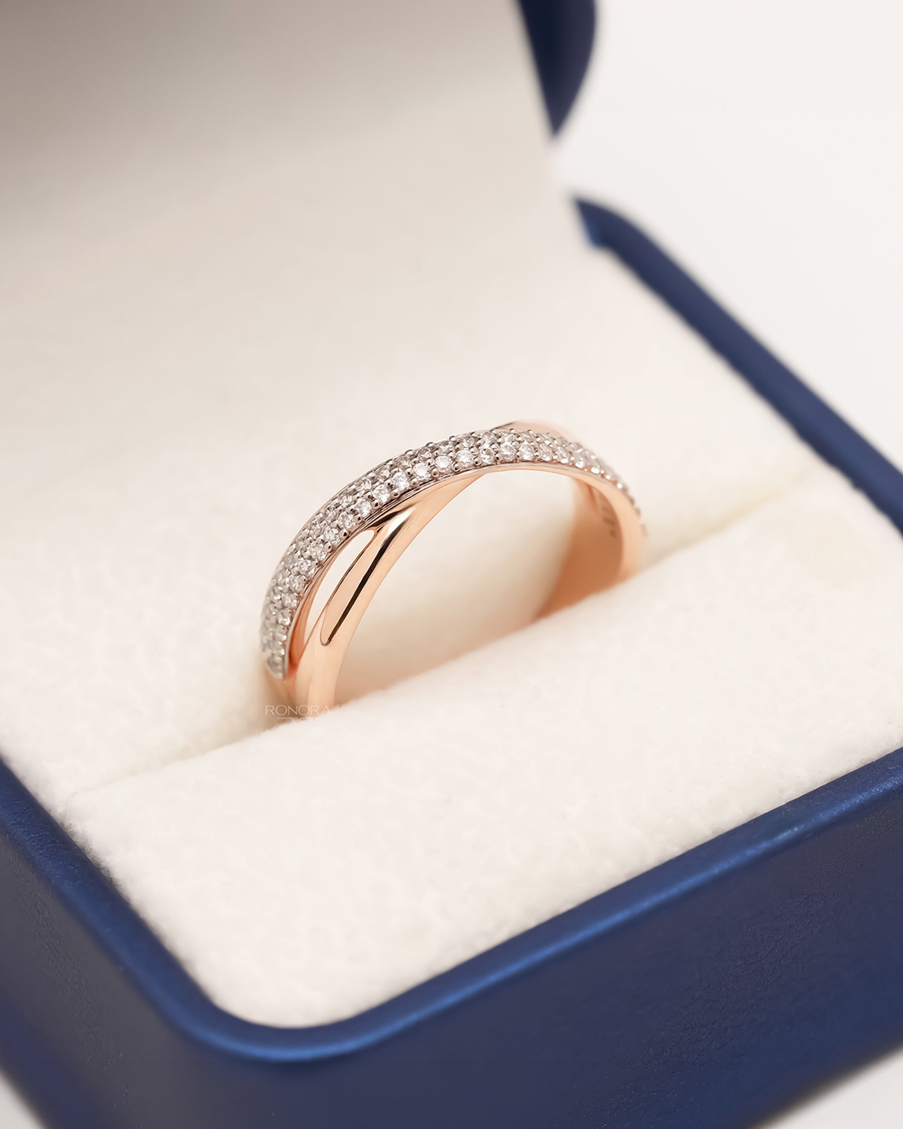 Rose gold double-row pavé lab grown diamond band in Ronora ring box