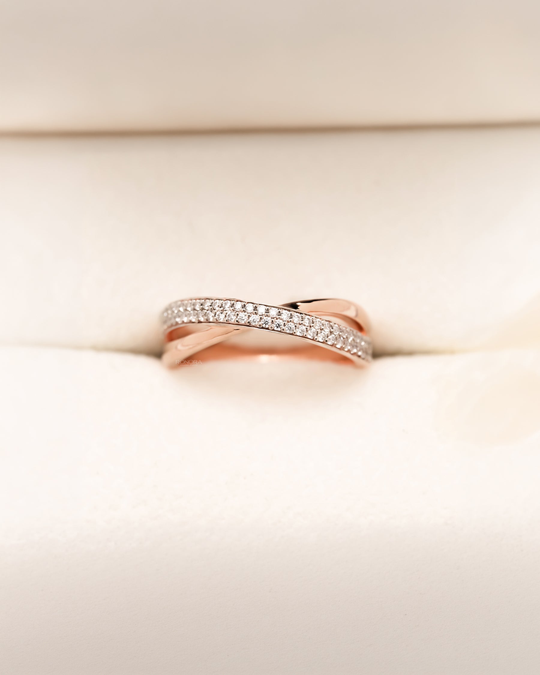 Mirelle double-row lab grown diamond pavé band in rose gold inside Ronora box