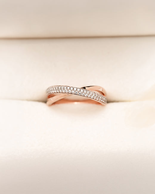 Mirelle double-row lab grown diamond pavé band in rose gold inside Ronora box