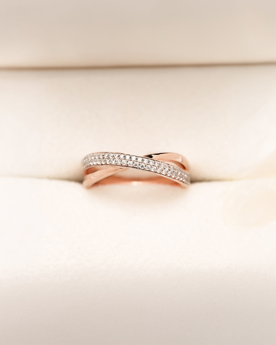 Mirelle double-row lab grown diamond pavé band in rose gold inside Ronora box
