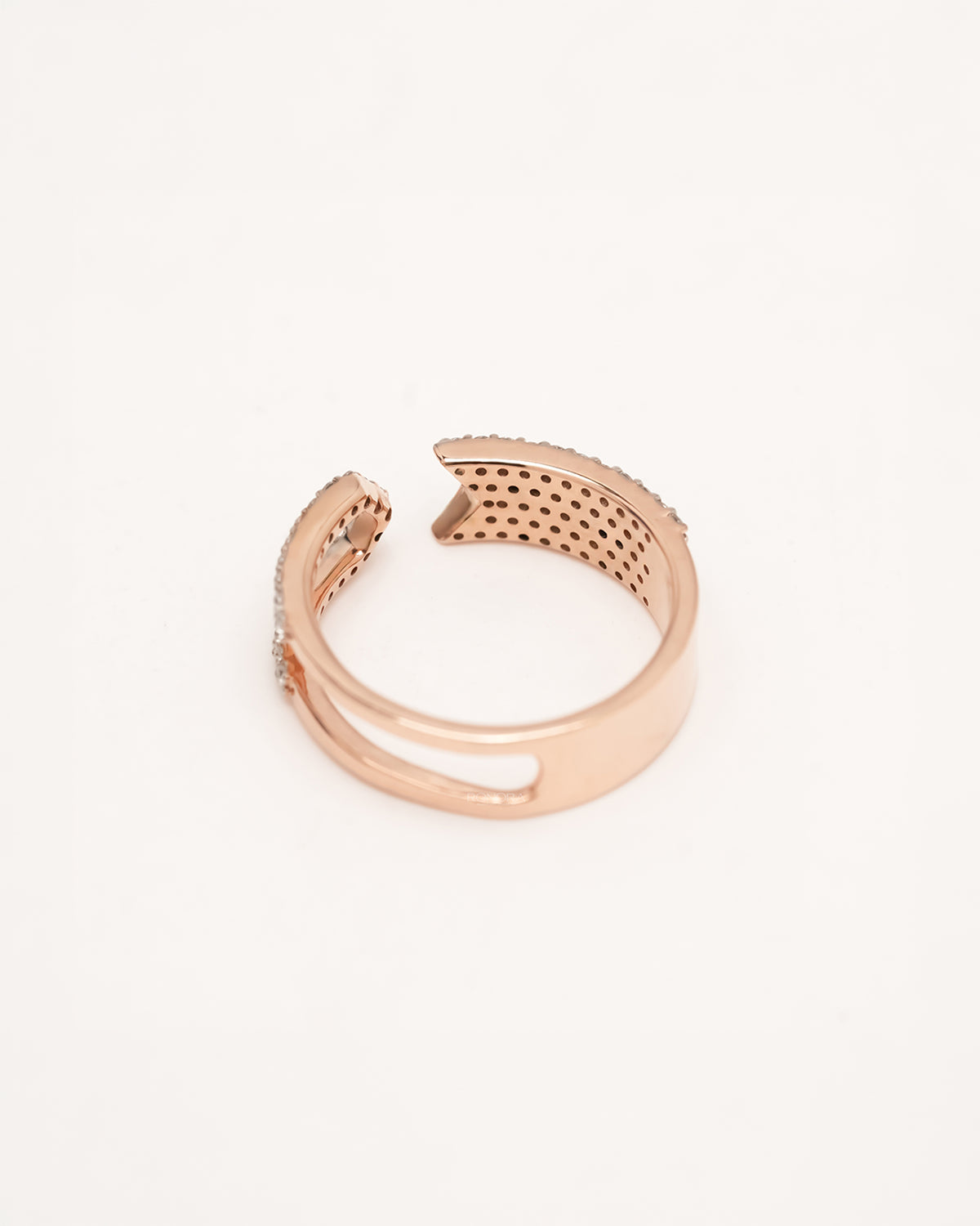 Back view of open rose gold lab grown diamond pavé statement ring