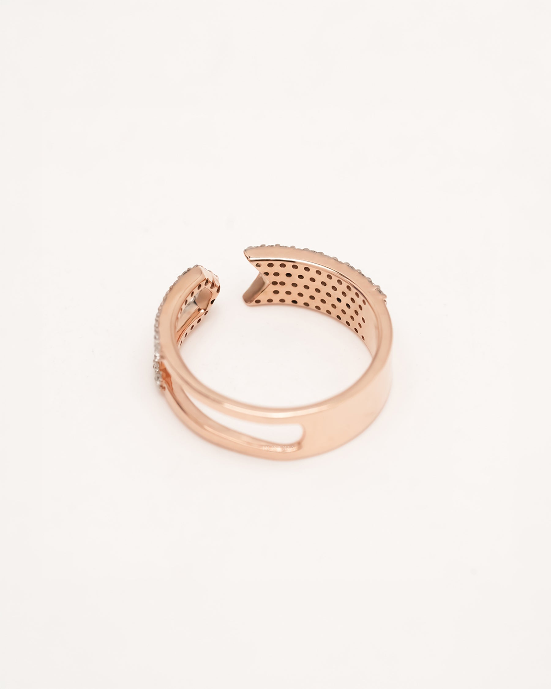 Back view of open rose gold lab grown diamond pavé statement ring