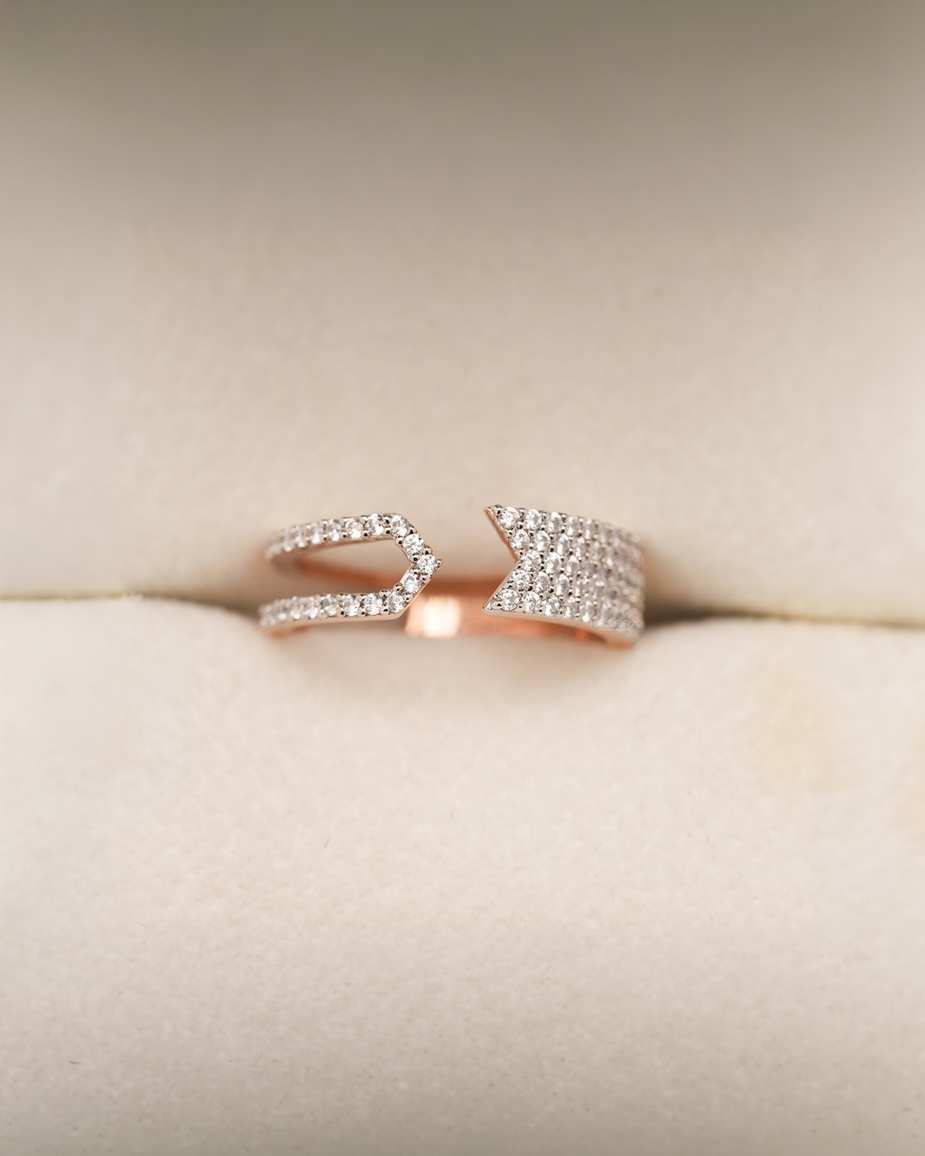 Rose gold open pavé statement ring with round lab grown diamonds in Ronora box