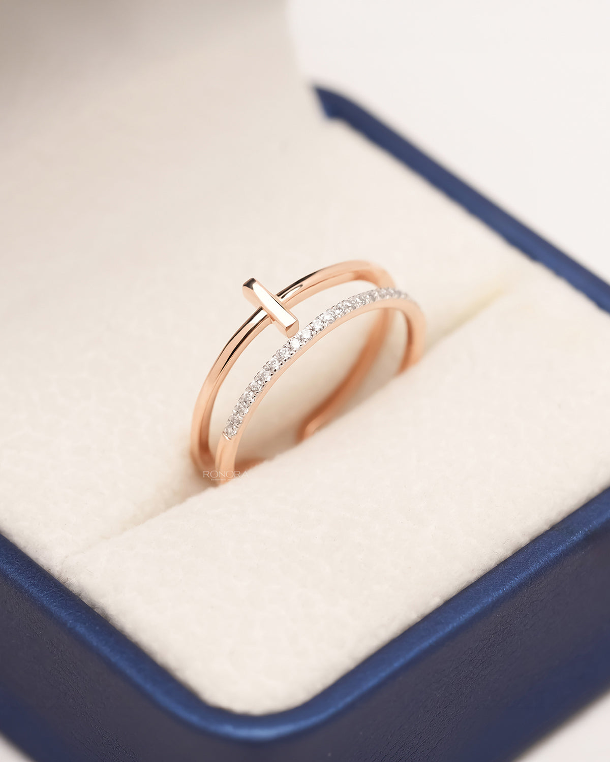 Celestia open bar lab grown diamond bypass ring in rose gold inside Ronora box
