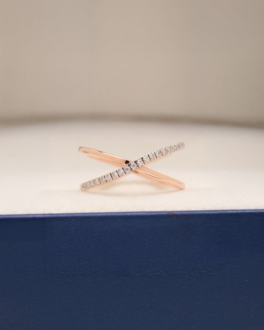 Vespera twisted lab grown diamond pavé crossover ring in rose gold inside Ronora box