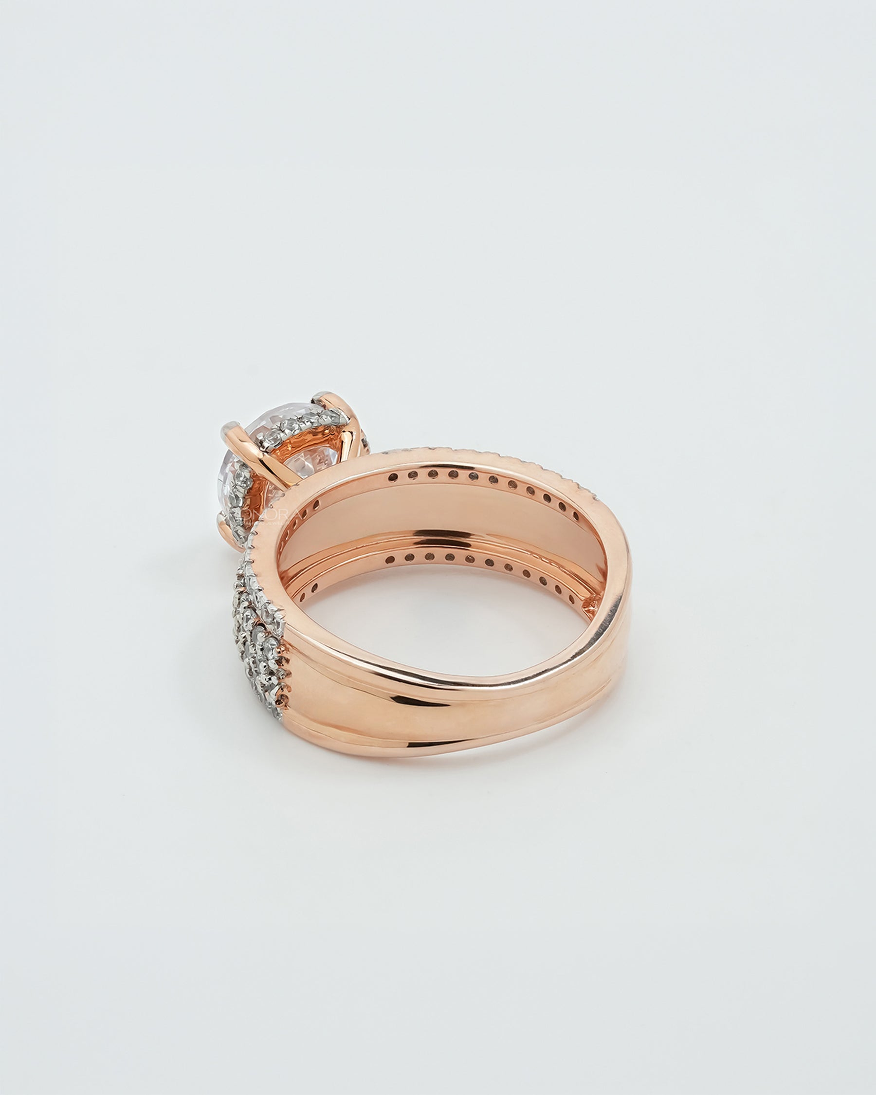 Back view of round moissanite pave ring showing band detail