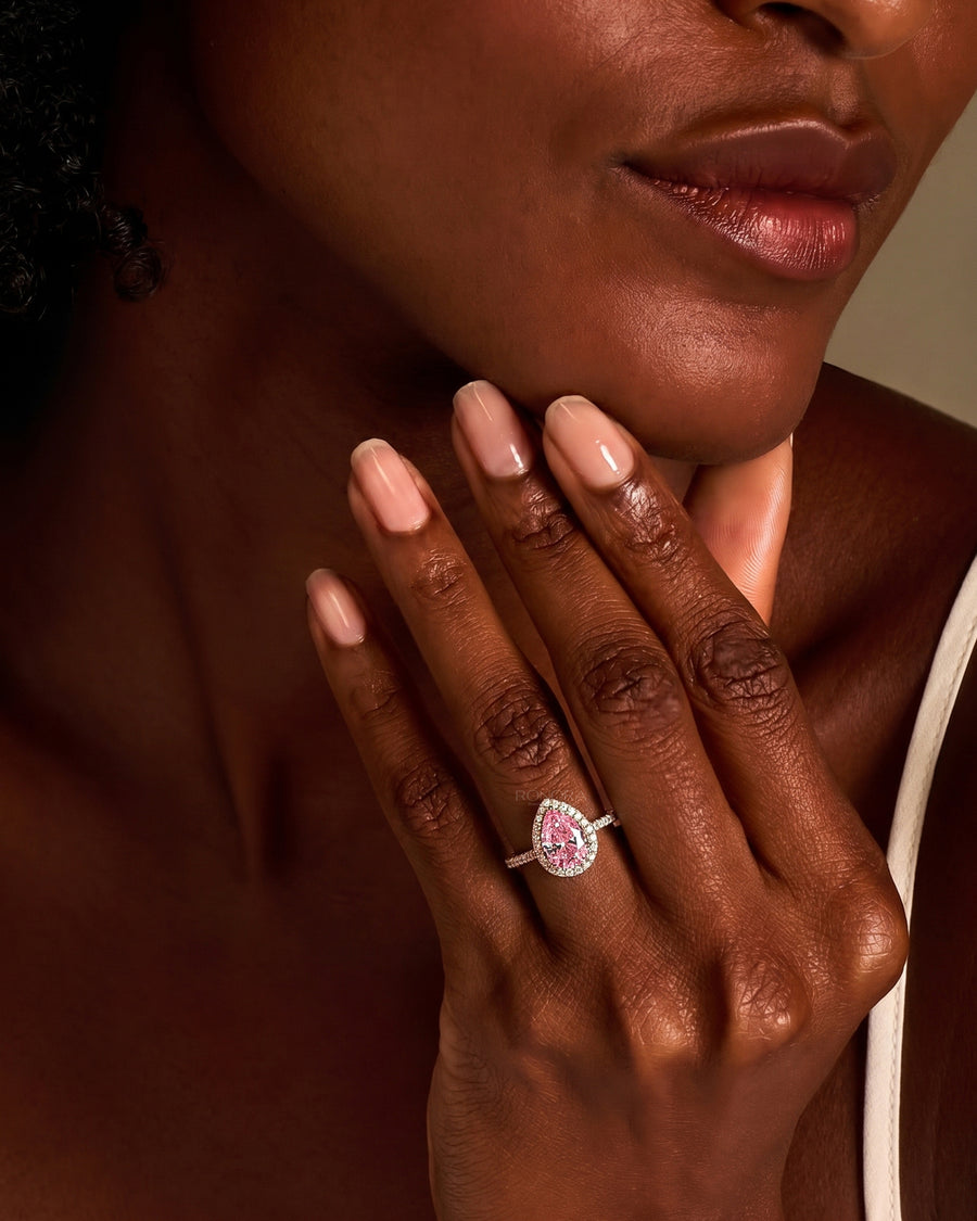 Livia Pink Pear Moissanite Halo Ring