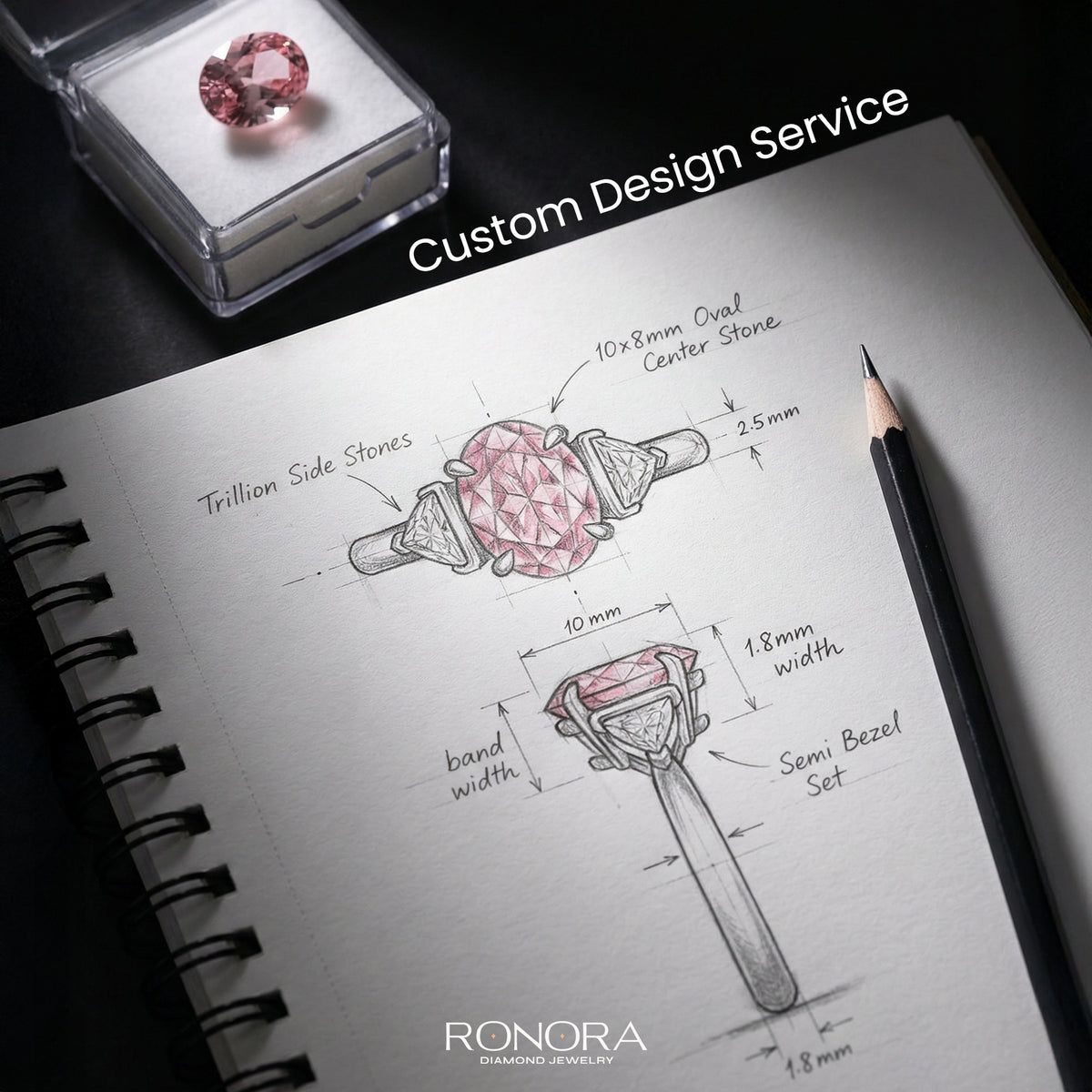 Custom design service: pencil sketch of an oval three stone ring with measurements beside a loose pink gemstone