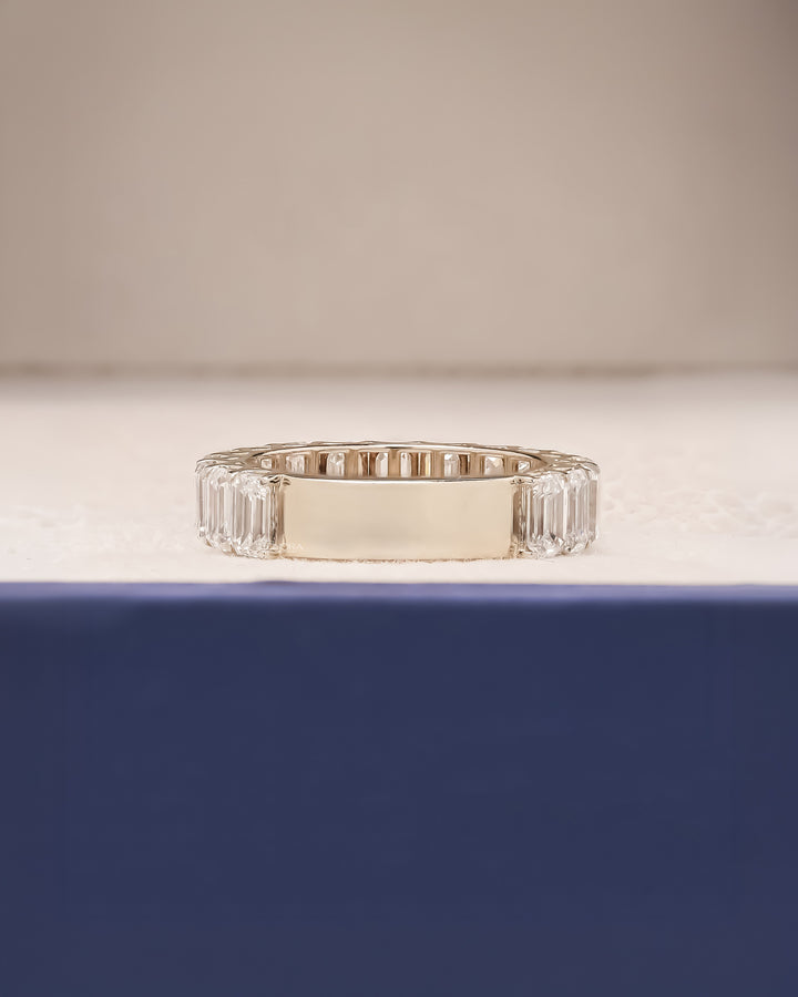 Back view of emerald cut lab grown diamond eternity band showing band detail