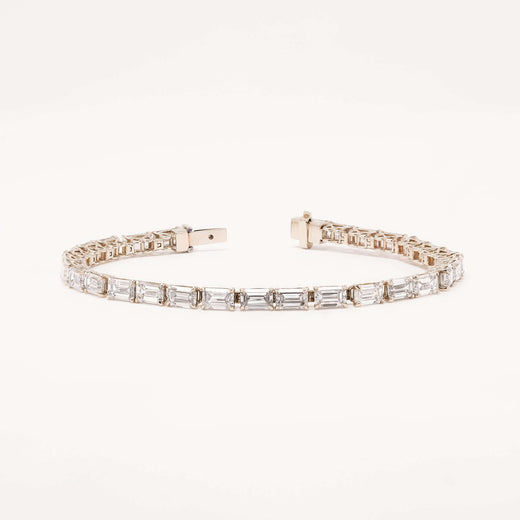 Emerald cut lab grown diamond tennis bracelet on white background