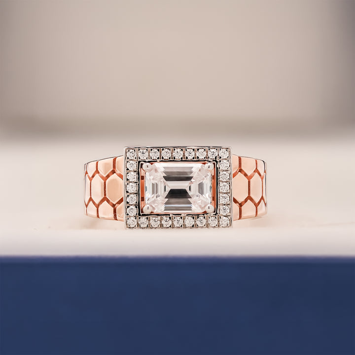 Alden emerald moissanite halo men's ring in rose gold inside Ronora box
