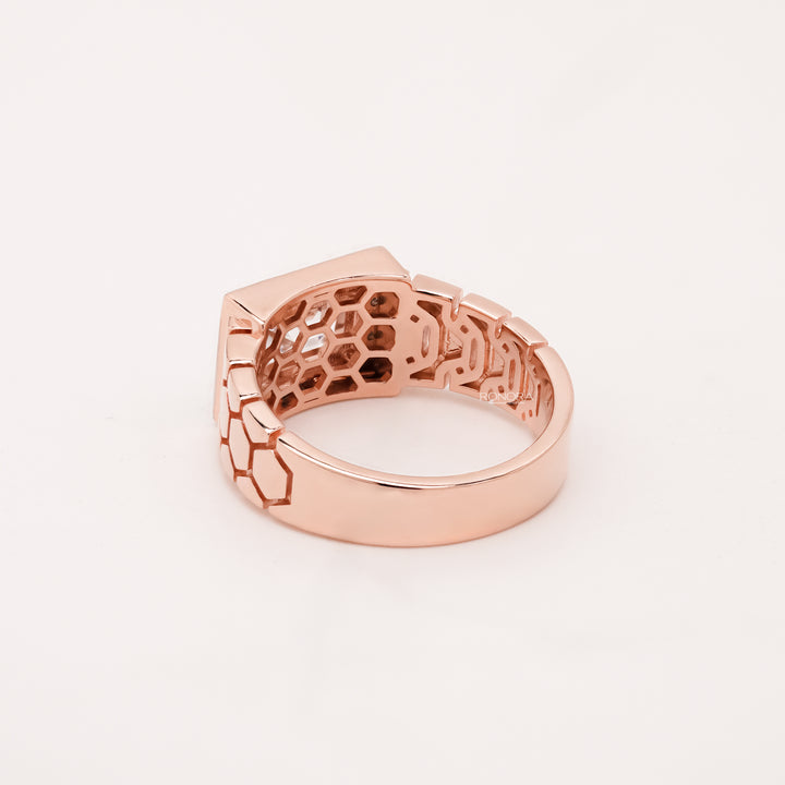 emerald moissanite halo men's ring worn with luxury styling in rose gold