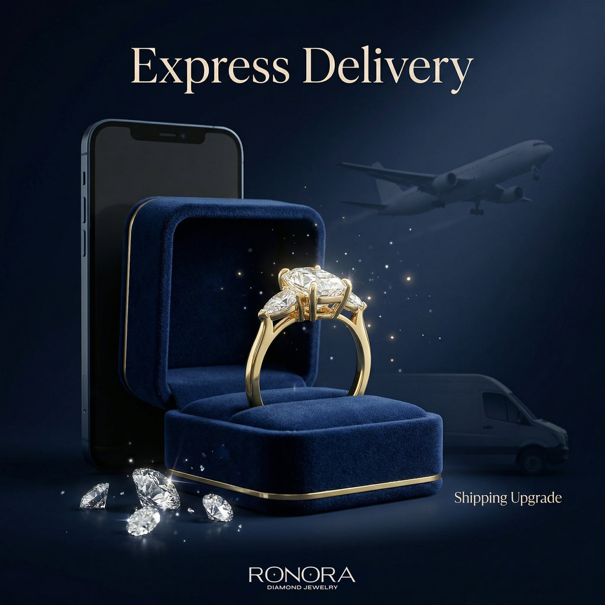 Express delivery shipping upgrade graphic with a gold three stone ring in a navy ring box beside a phone