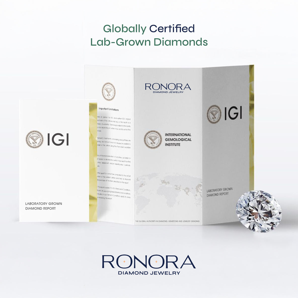 Globally certified lab grown diamonds graphic with an IGI report brochure beside a loose round diamond