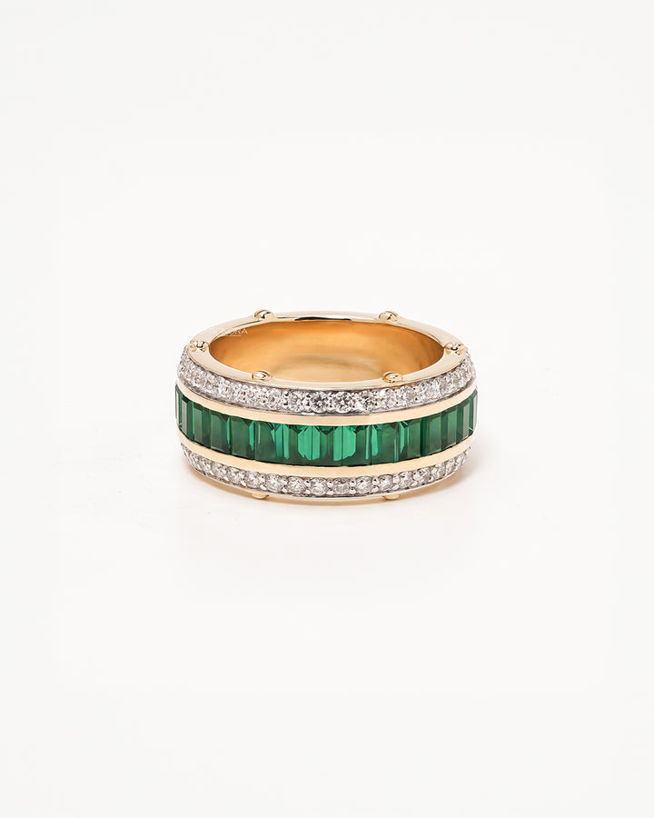 Side profile of green emerald cut lab grown diamond channel band showing pave borders