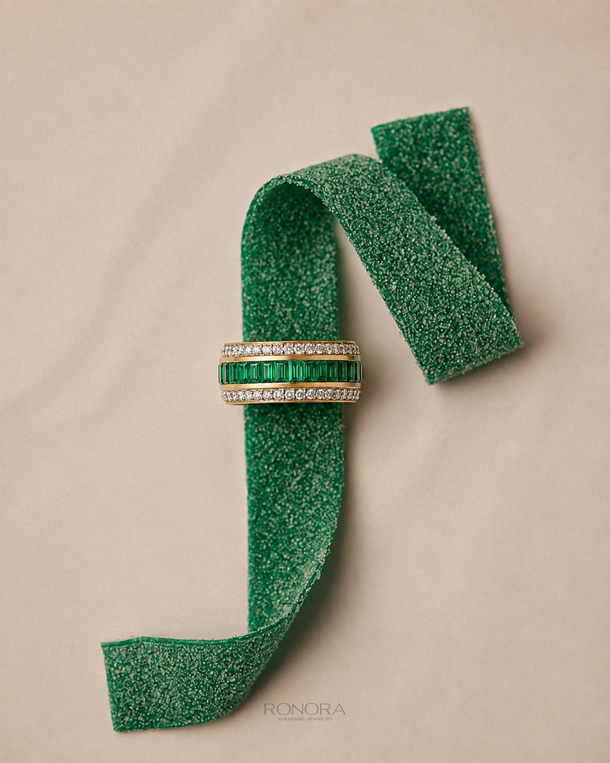 Green emerald cut lab grown diamond channel band in yellow gold with white stone edge rows, styled on a green ribbon