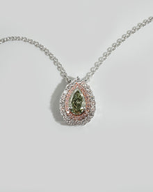 Green pear lab grown diamond pendant, 1 carat, with a pink and white double halo on a white gold chain