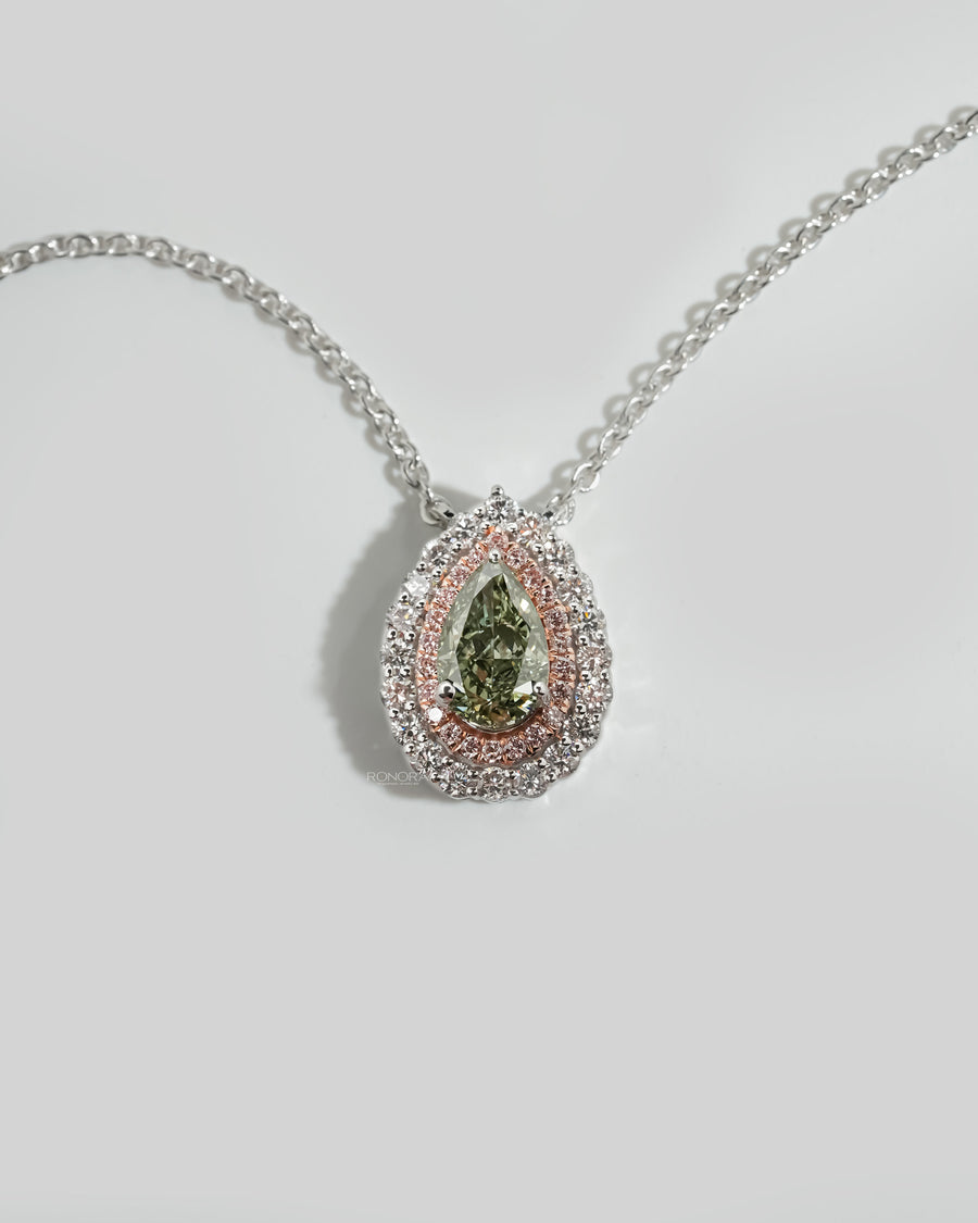 Green pear lab grown diamond pendant, 1 carat, with a pink and white double halo on a white gold chain