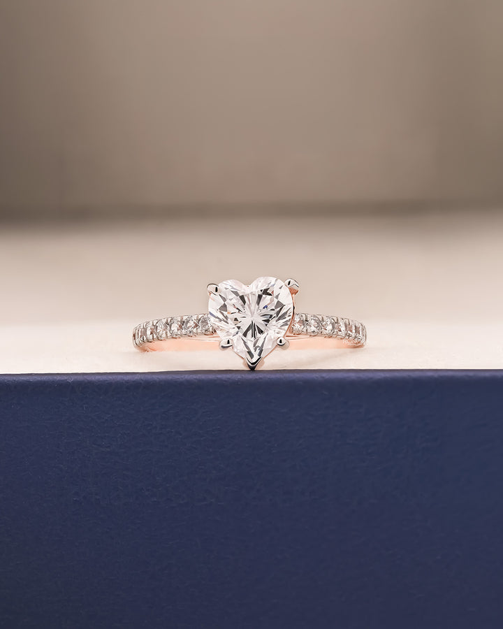 Amelie heart moissanite pave ring in rose gold inside Ronora box