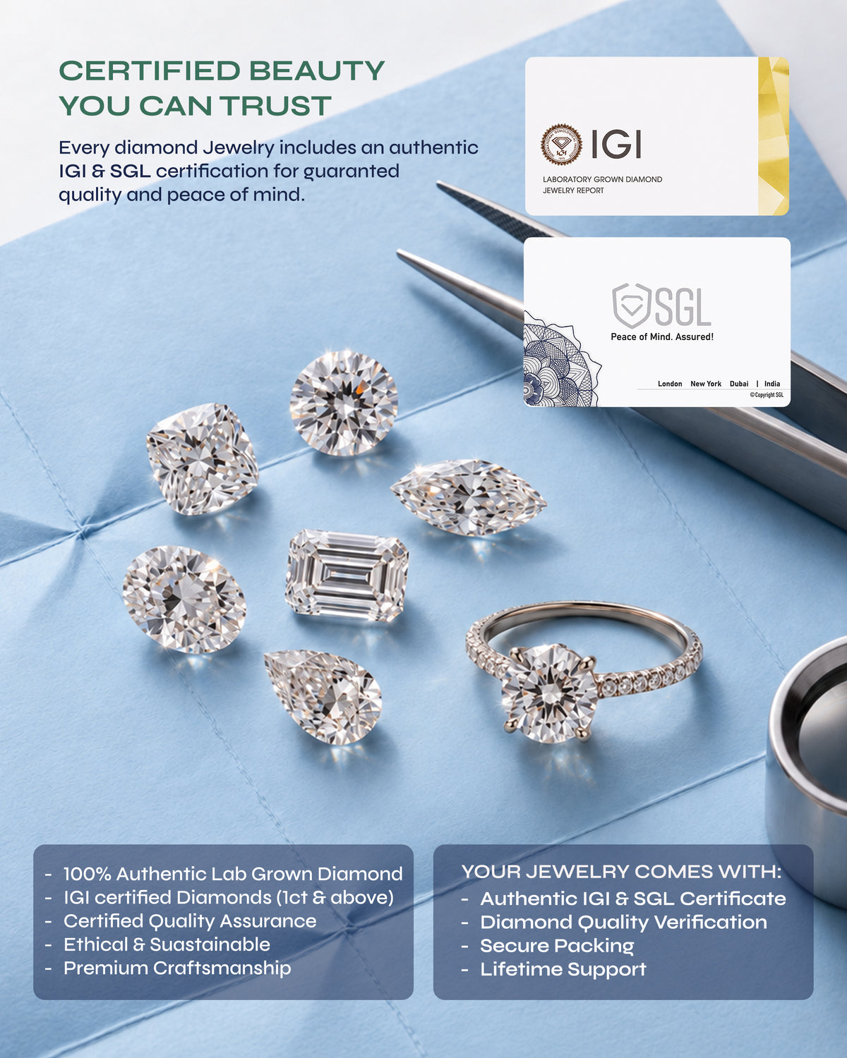 Certified beauty graphic: lab grown diamonds beside IGI and SGL certification cards and a list of what comes with your jewelry