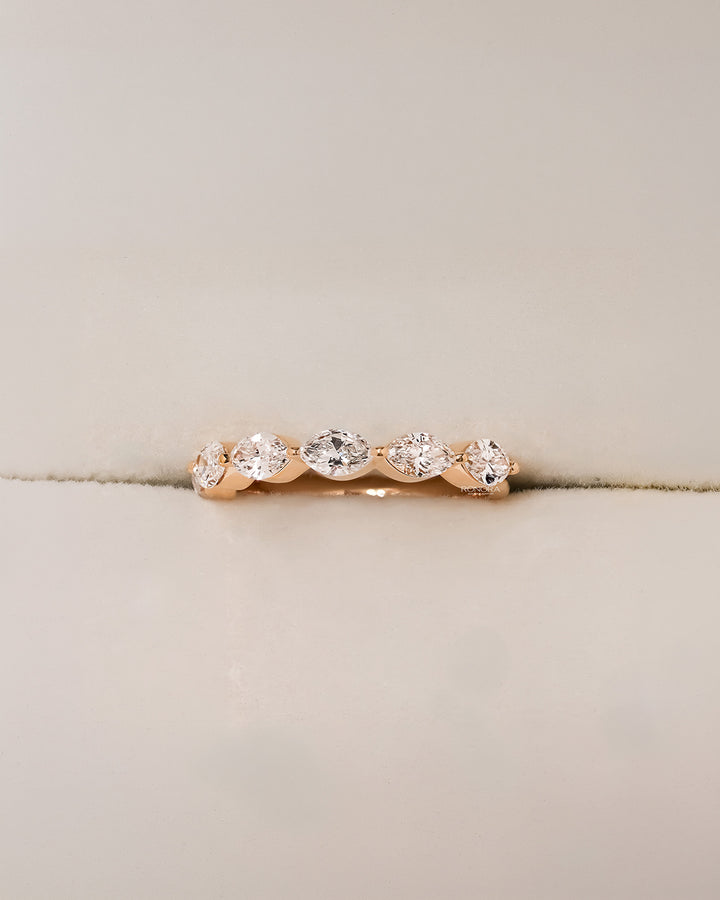 Marquise lab grown diamond half eternity band in yellow gold inside Ronora box