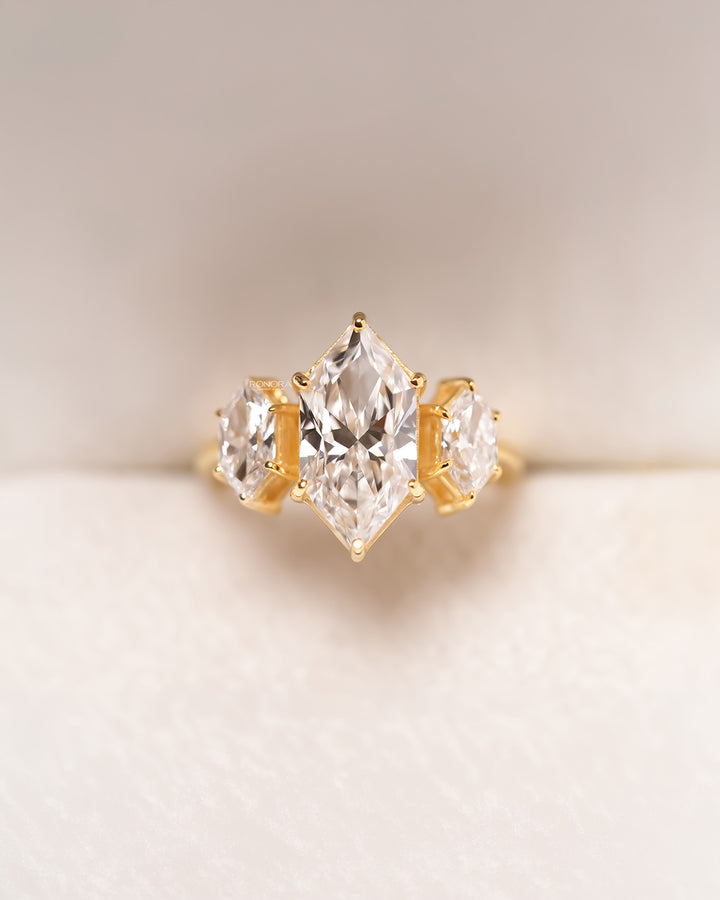 Marquise three stone lab grown diamond engagement ring in yellow gold front view - Ronora