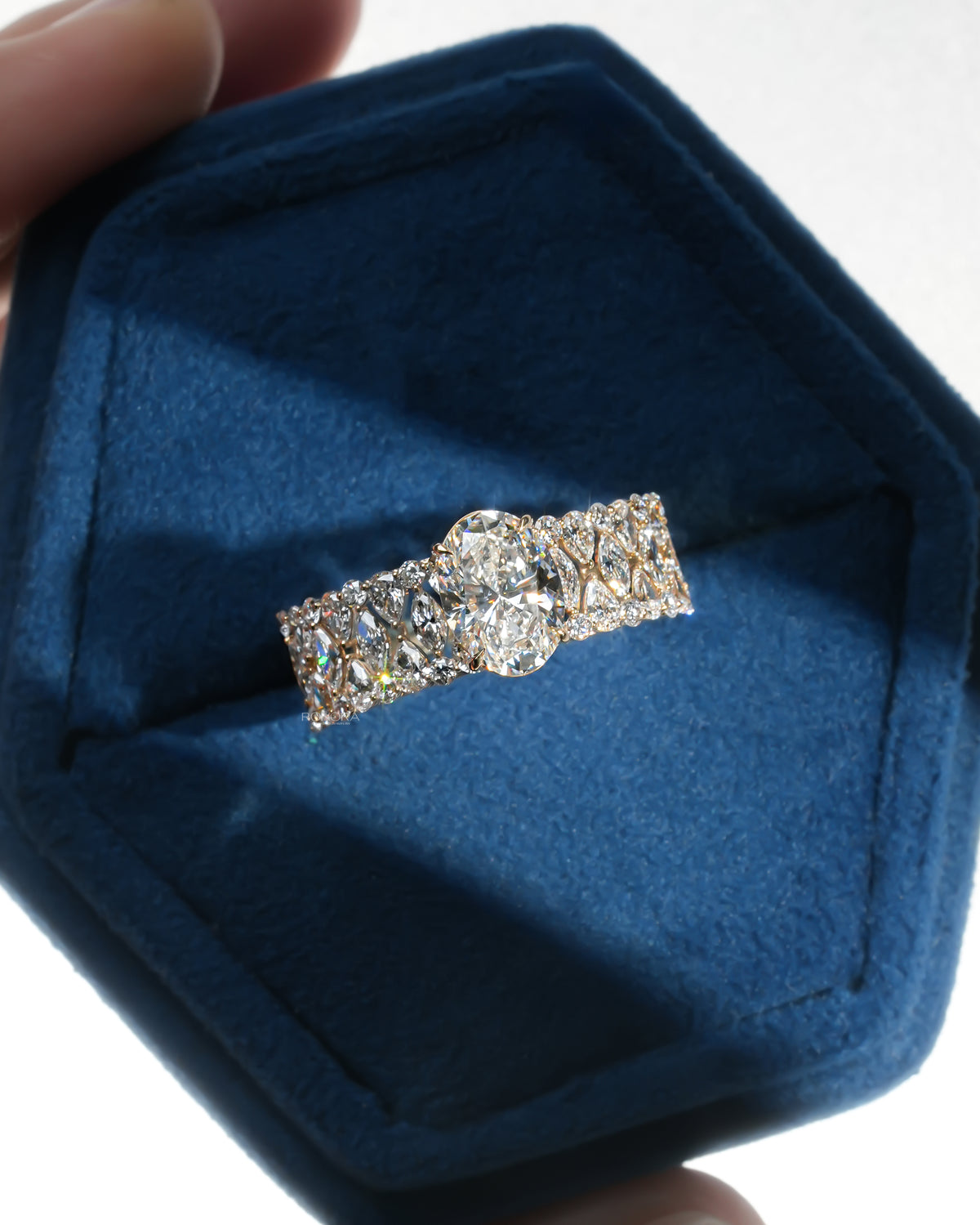 Oval cluster lab grown diamond ring in a blue Ronora box